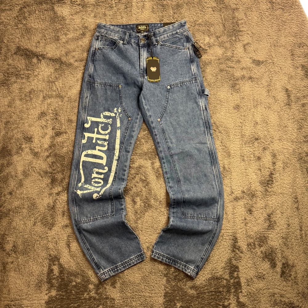Von Dutch Originals Carpenter Jeans Blue Denim Double Knee Stretchy Size 28 NWT